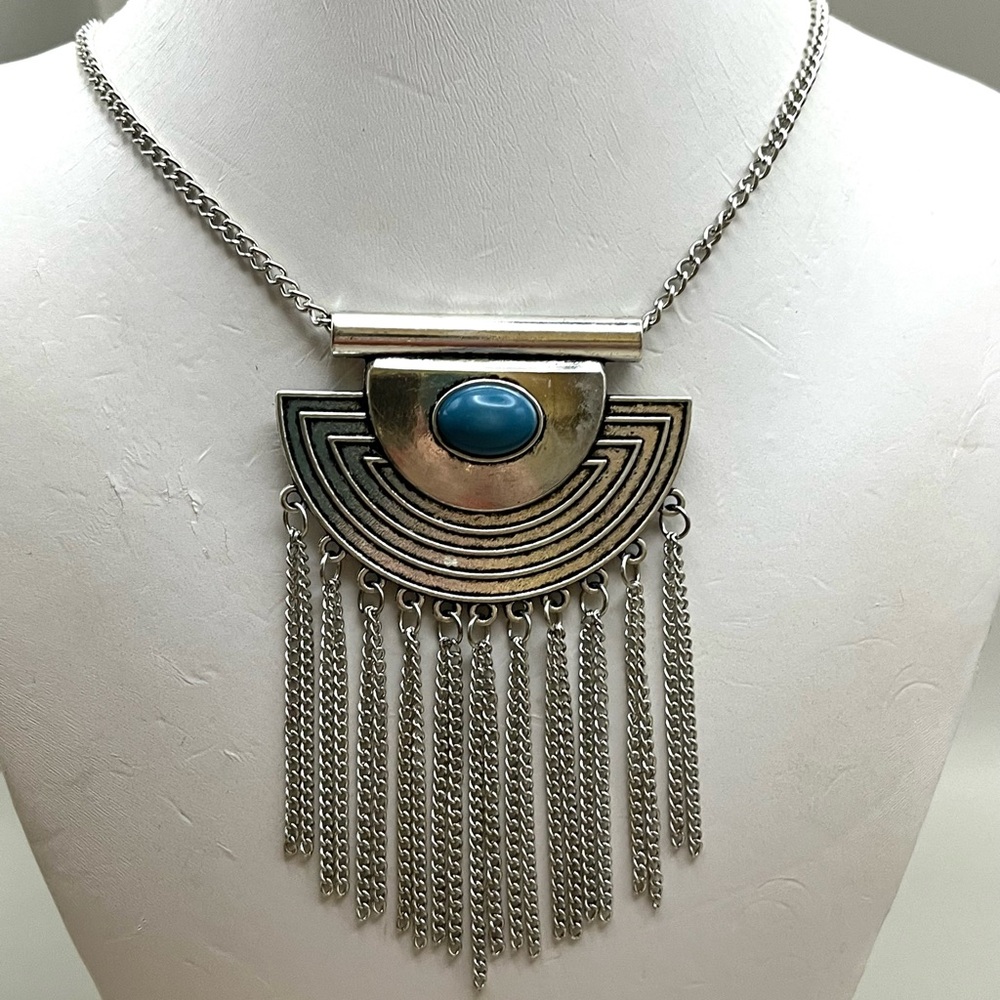 Geometric Silver and Turquoise Necklace with Fringe